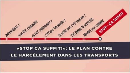 Un trait rouge évoque le plan d&#039;une ligne de métro dont le nom des arrêts est remplacé par un mot ou une expression évoquant le harcèlement &quot;C&#039;est quoi ton numéro?&quot;, &quot;Ta petite jupe c&#039;est pour moi?&quot;, &quot;T&#039;es bonne, tu m&#039;excites&quot; ... Le nom du terminus est &quot;Stop, ça suffit&quot;? Au dessous le slogan &quot;Stop ça suffit&quot;! &quot;Le plan contre le harcèlement dans les transports&quot;.